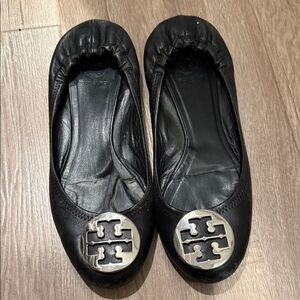 Tory Burch Black Leather Flats with Silver Logo